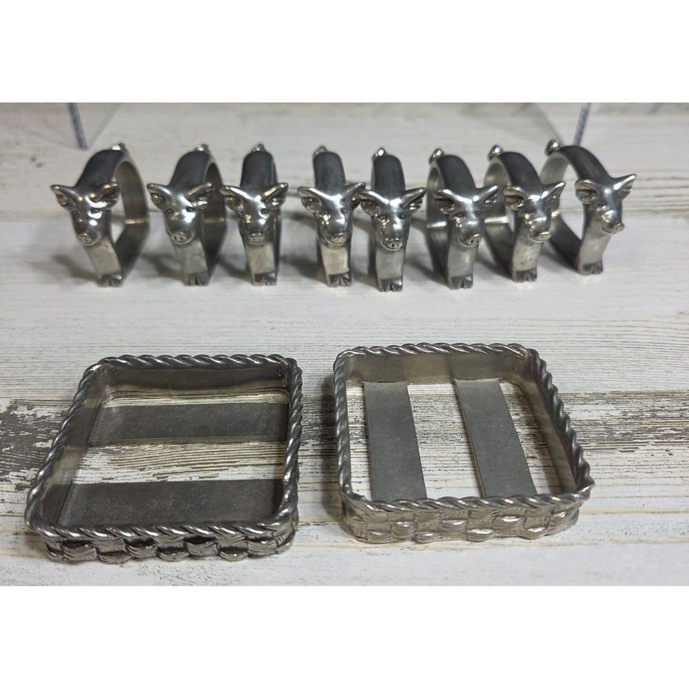 Vtg Seagull Pewter Canada Pig Napkin Rings Holders Set of 8 w/2 Trays Holders